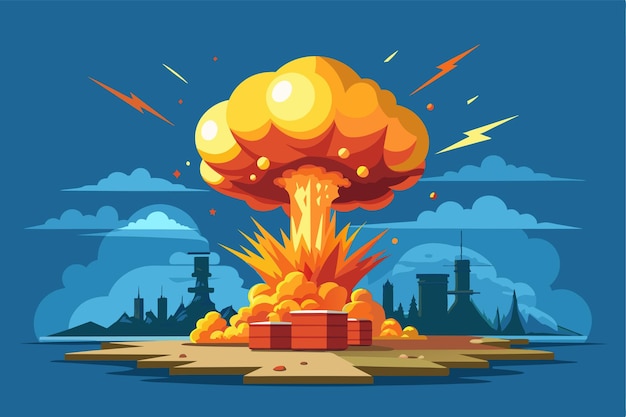 Vector an explosion in the sky over a silhouetted city explosion customizable semi flat illustration