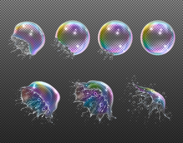 Explosion stages of realistic round soap bubbles