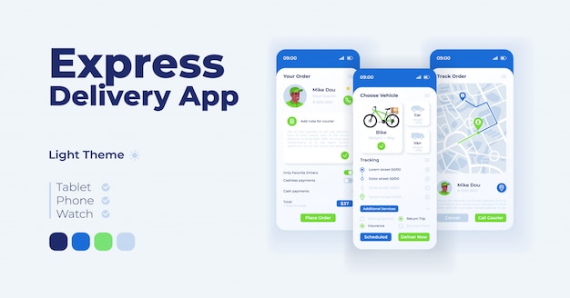 Express delivery app cartoon smartphone interface templates set. Mobile app screen page light mode design. Order details and route UI for application. Phone display with flat illustrations