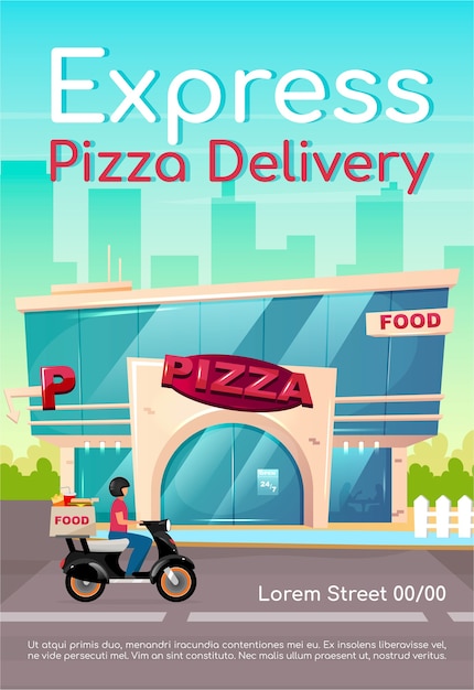 Express pizza delivery poster flat template. Pizzeria, restaurant. Fast food order. Catering service. Brochure, booklet one page concept design with cartoon characters. Cafeteria flyer, leaflet