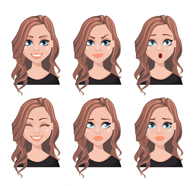 Face expressions of woman with brown hair