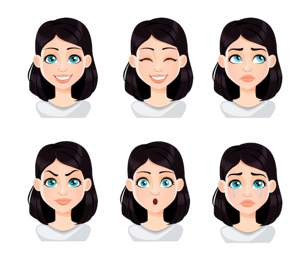 Face expressions of woman with dark hair