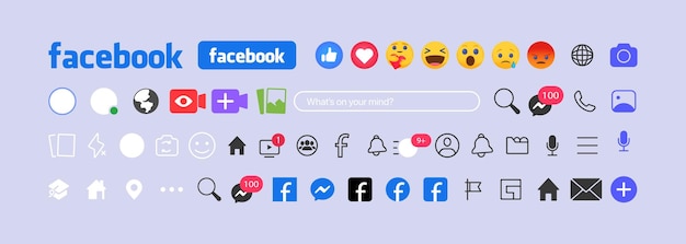 Vector facebook buttons design social media network interface template homepage recommendations subscriptions communication stream emoji new post messenger stories liked editorial illustration