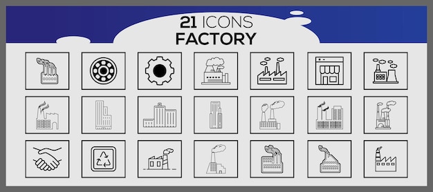 Vector factory icon pack with outline icon style industrial buildings flat icon set plants and factories