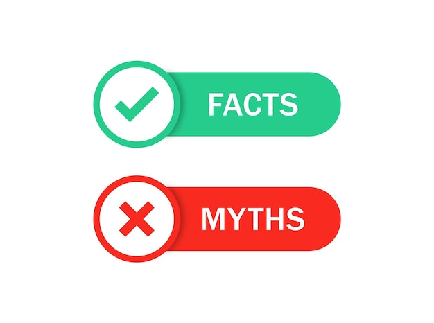 facts vs myths icons with check mark icon button Myths facts label banner with checkmark icons