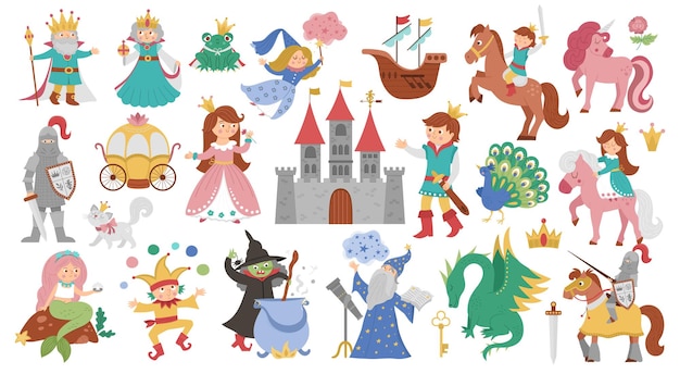 Fairy tale characters and objects collection Big vector set of fantasy princess king queen witch knight unicorn dragon Medieval fairytale castle pack Cartoon magic icons with frog prince mermaidxA