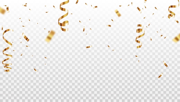 Falling golded confetti ribbons vector isolated illustration Celebration background design