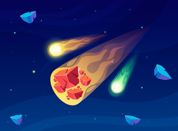 Vector falling meteorite streaks across the night sky a fiery spectacle of nature power and cosmic wonder leaving a trail of awe in its wake cartoon vector illustration for kids game or book