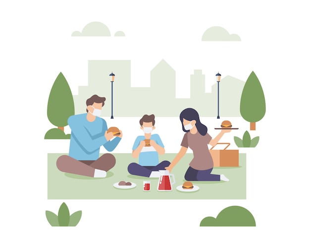 A families eat together at public city park while keep wearing a mask illustration