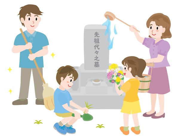 Family of 4 visiting a grave during Japanese Obon festival