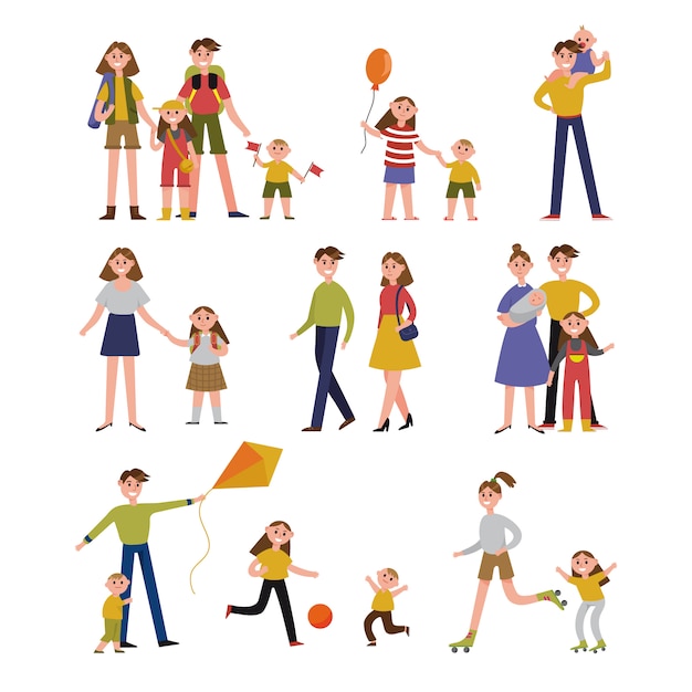 Family activity and leisure. Family set colorful characters with parents and children   Illustrations