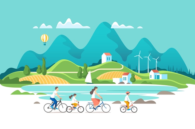 Vector family are riding on bicycles on the natural landscape background