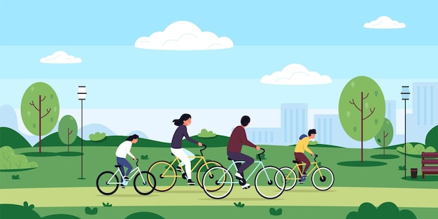 Family on bicycle Cartoon outdoor bike ride on nature with kids mom and dad family characters together on active leisure cycling in park Vector illustration