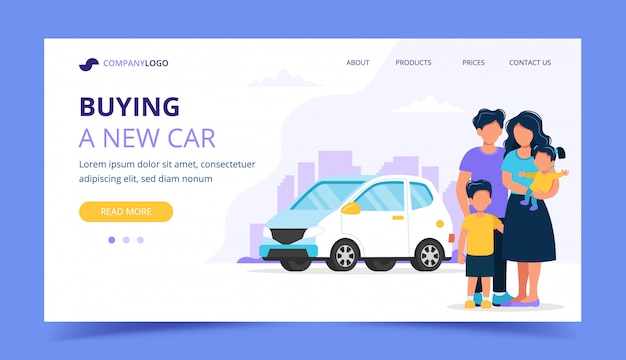 Family buying a car. Landing page template.