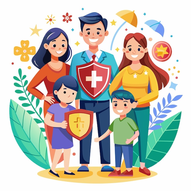 Vector family of four standing together holding shields with medical crosses