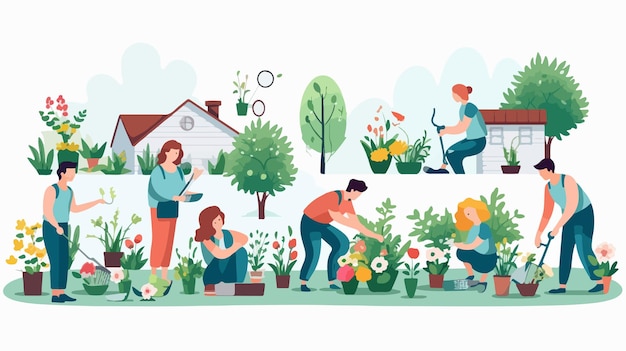 Vector family gardening together in home backyard