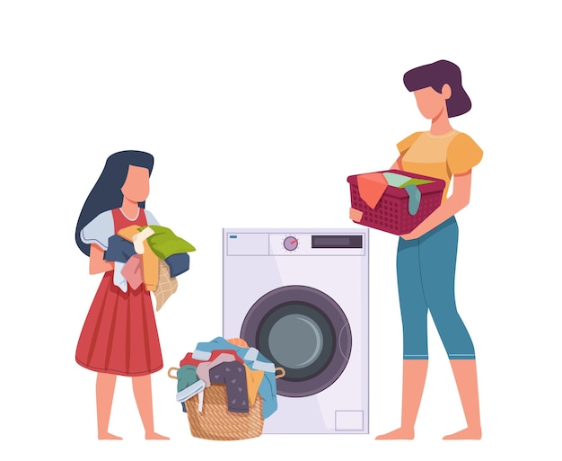 Vector family in laundry. mother and daughter loading dresses in washing machine, heap apparel with stains, dirty clothes housework vector flat cartoon isolated concept