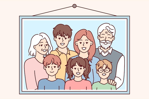 Vector family photo portrait in frame with children and grayhaired grandparents on wall vector image