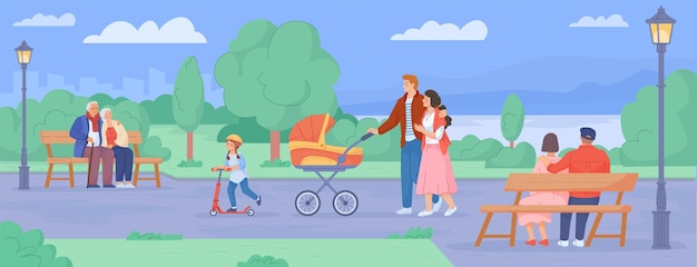Family pram in park Father mother walk with stroller baby joyful parents walking pram leisure babies carriage mom and dad holiday together cityscape swanky vector illustration