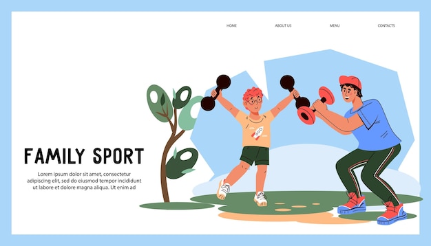 Family sport and health website banner design with father and son exercising vector