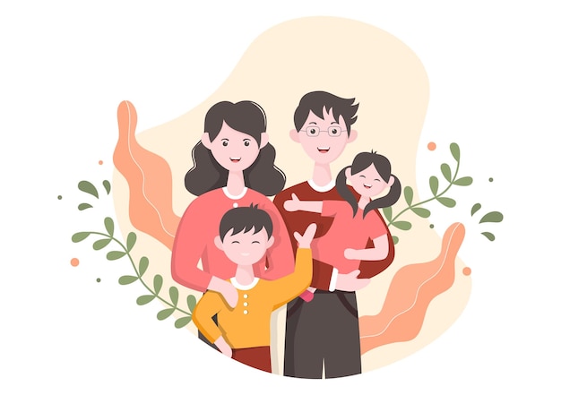 Vector family time of joyful parents and children spending time together at home doing various relaxing activities in cartoon flat illustration for poster or background