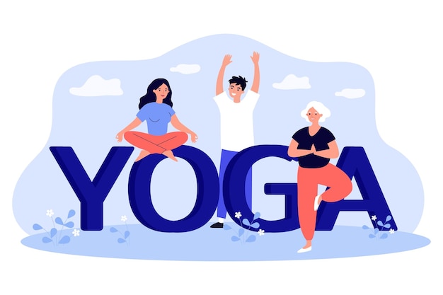 Family training asanas with yoga lettering. Healthy exercises of old and young people flat vector illustration. International yoga day, sport concept for banner, website design or landing web page