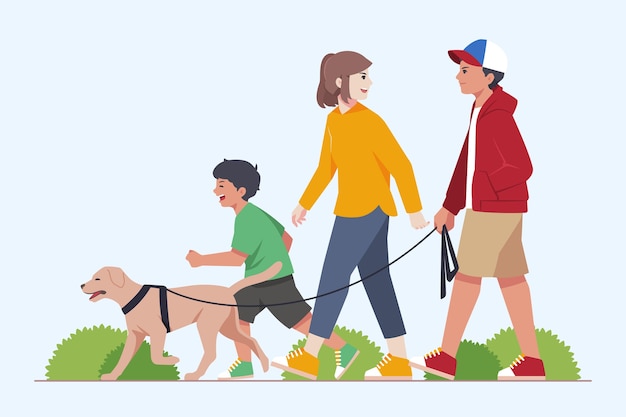 Family walking with their dog