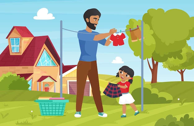 Family wash clothes domestic household chores with young father and girl daughter