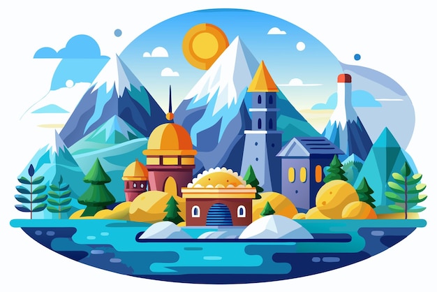 A Fantasy Landscape with Mountains Buildings and a River