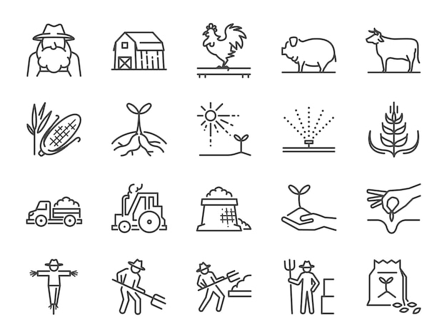 Farm and agriculture line icon set. 