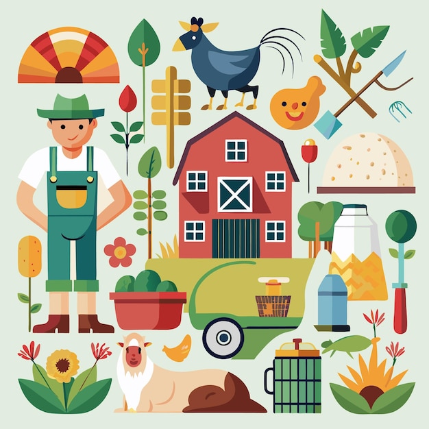 Vector farm life a colorful illustration of rural living with animals crops and a happy farmer