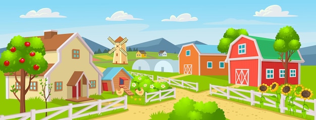 Farm panorama with a greenhouse chicken coop barn houses mills fields trees Vector