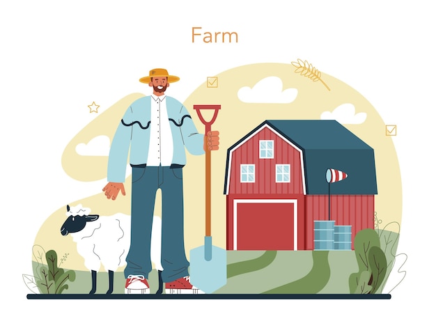 Vector farmer concept set farm worker growing plants and feeding animals