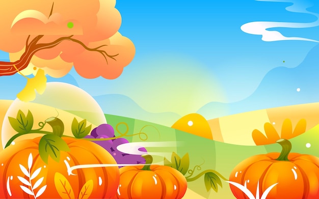 Farmer harvesting fruits in autumn, late autumn season landscape, vector illustration