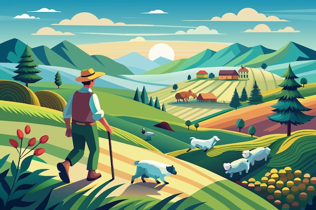 Vector a farmer herding a flock of sheep across a picturesque countryside landscape