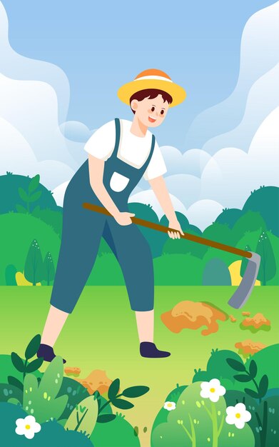 Vector farmer is hoeing with a hoe farmland and plants in the background vector illustration