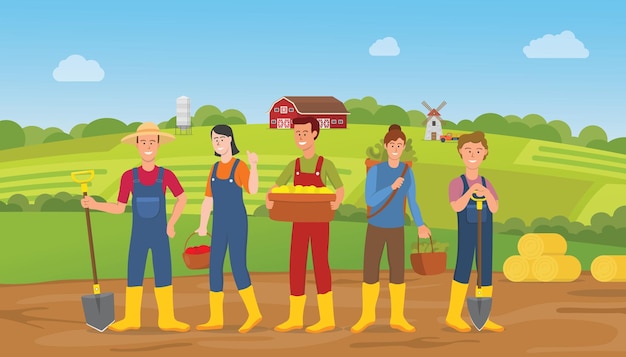 Vector farmer people character team man and woman with farm land landscape background with modern flat style