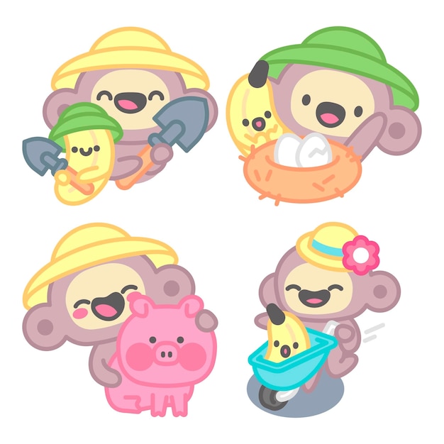 Vector farmer stickers collection with monkey and banana