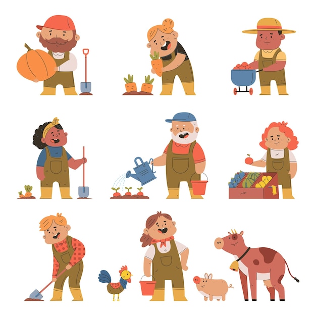 Vector farmers in action vector cartoon characters set isolated on a white background