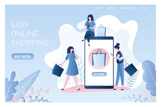 Vector fashion girls with shopping bags and smartphones big mobile phone with shop icon and button banner