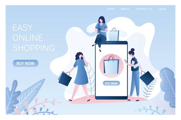 Fashion girls with shopping bags and smartphones big mobile phone with shop icon and button banner