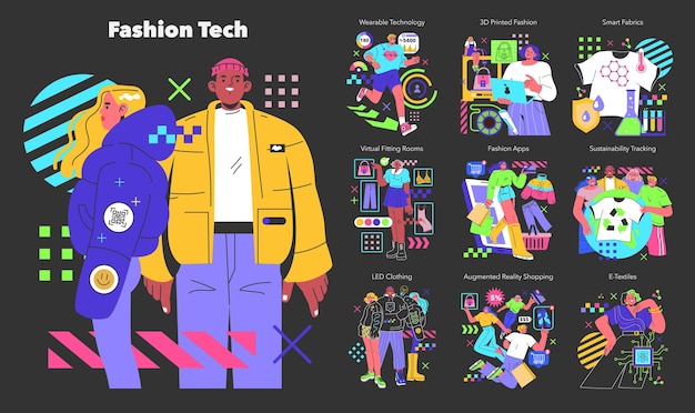 Vector fashion tech concept integrating advanced technology into wearable fashion and accessories