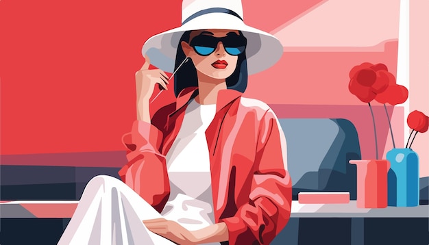 Vector fashionable woman in hat and sunglasses sitting in cafe vector illustration