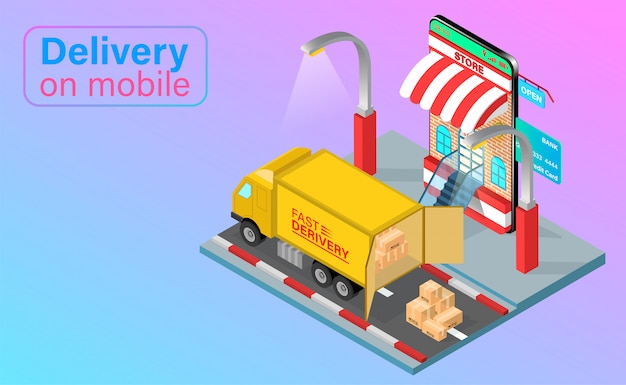 Fast delivery by truck on mobile phone. Online food order and package in E-commerce by app. isometric flat design.  