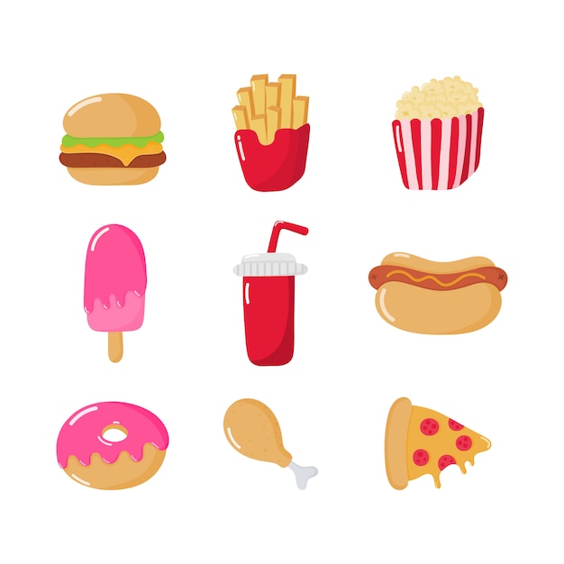 fast food icons set cartoon style isolated