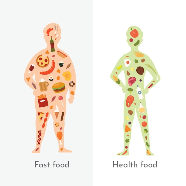 Fat and slender man vector illustration. Healthy food vs fastfood. Healthy and unhealthy nutrition. Human body and junk food vs balanced menu.