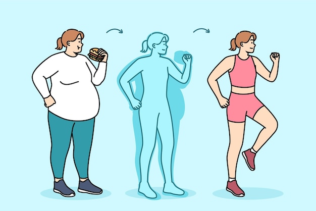 Vector fat woman loses weight by stopping eating fast food and starting to exercise or run