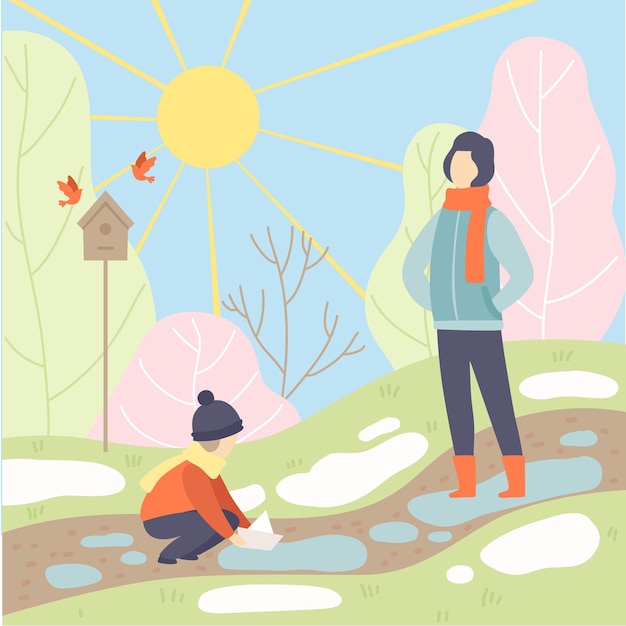 Vector father and his son walking in spring park season change from winter to spring vector illustration in flat style