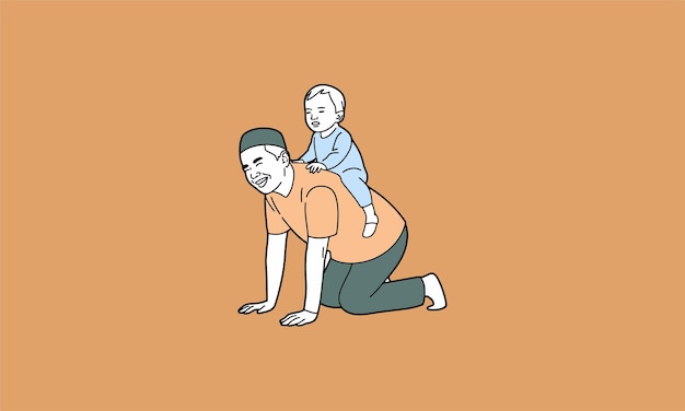 Vector father playing with child carrying baby on his back