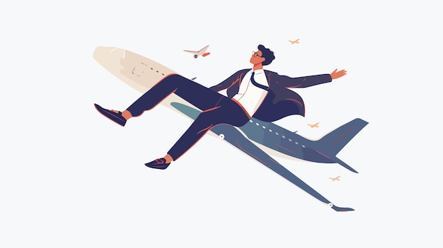 Vector fearless young businessman flying on edge of airplane wing